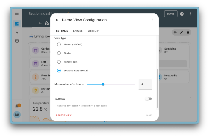 sections dashboard limit columns