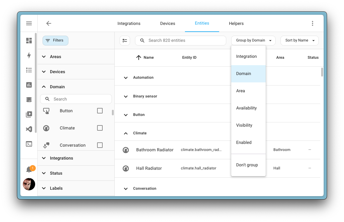 data tables group filter by domain