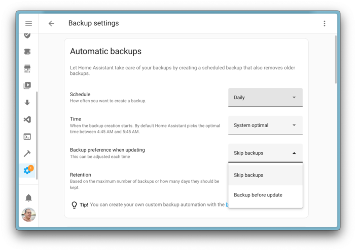 Home Assistant 2025.5 : النسخ الاحتياطية حسب الطلب، أصوات مخصصة و Z-Wave من الجيل الجديد 2 backups select preference backup before update