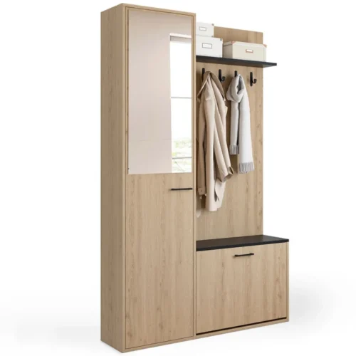 Entrée « anti-froid » : une zone tampon pratique et propre pour l’hiver 1 vestiaire d entree rangement chaussures avec miroir et etageres mahaut 1 porte effet bois et noir
