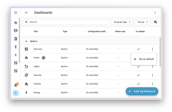 set dashboard default system