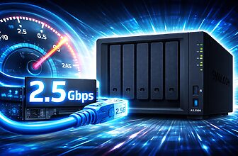 Illustration d’un NAS Synology optimisé en réseau 2,5 Gb/s pour améliorer les vitesses de transfert.