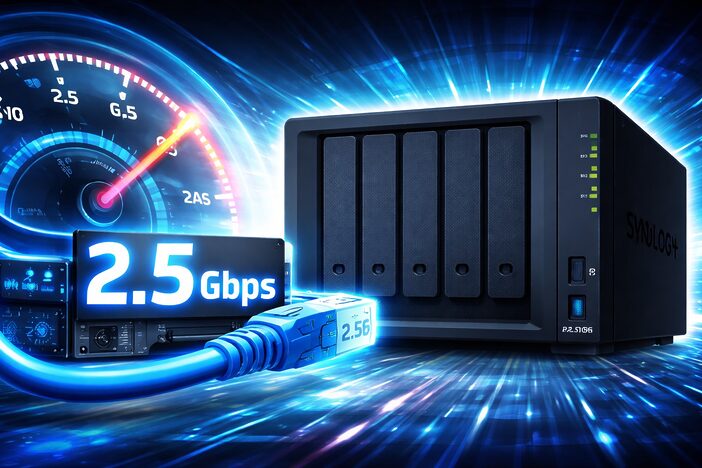Illustration d’un NAS Synology optimisé en réseau 2,5 Gb/s pour améliorer les vitesses de transfert.