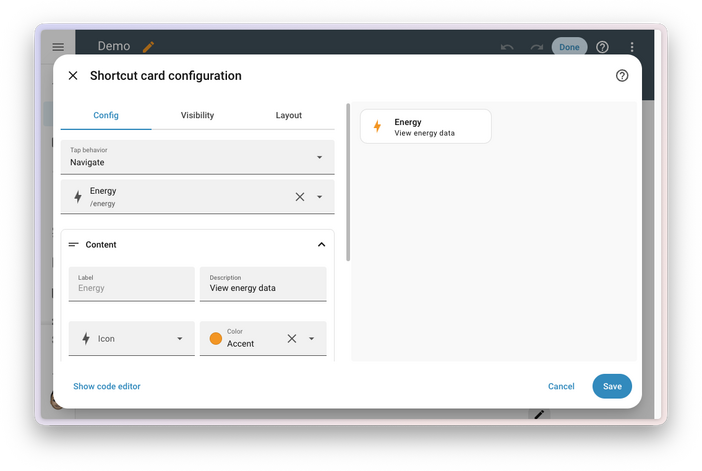 shortcut card options