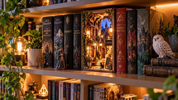Livres, lumière et objets déco : la bibliothèque redevient la star du salon 2 bibliotheque enchantee et librairie miniature