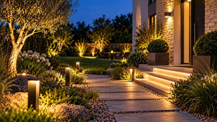 Éclairage extérieur : quel luminaire choisir selon chaque espace du jardin ? 1 jardin contemporain au crepuscule